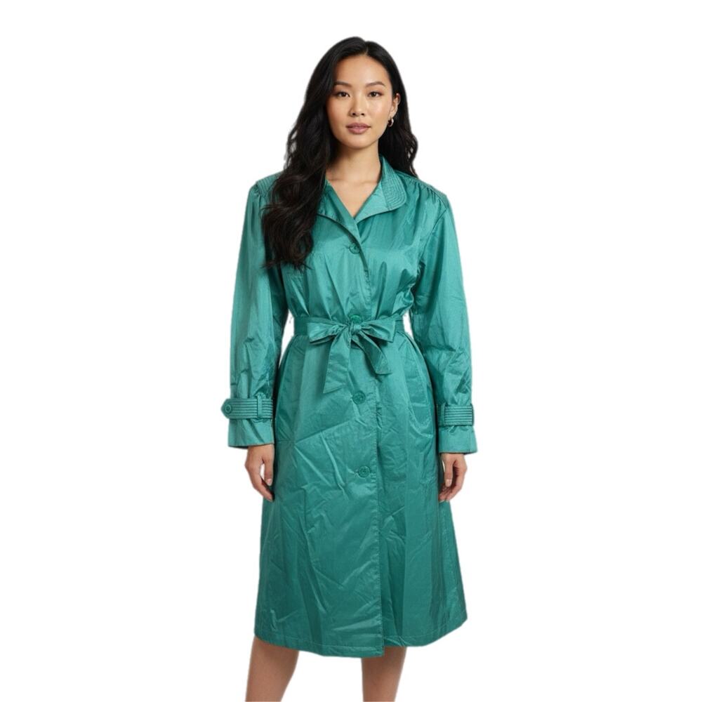 Vintage Windsor Bay Trench Coat Womens Size 6 Teal Lined Belted Button Down